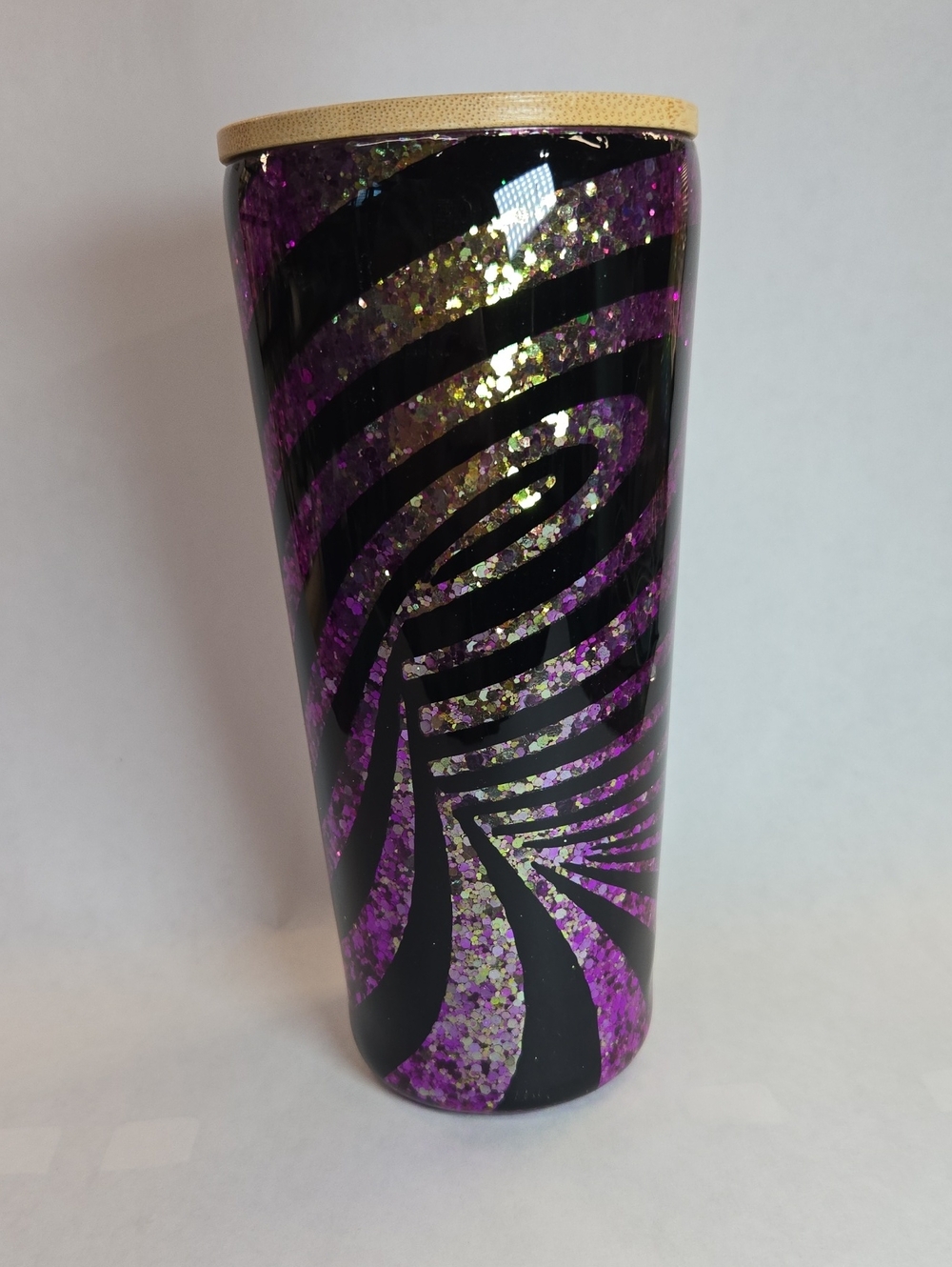 Purple Glitter Swirl Travel Tumbler with Black Accents -